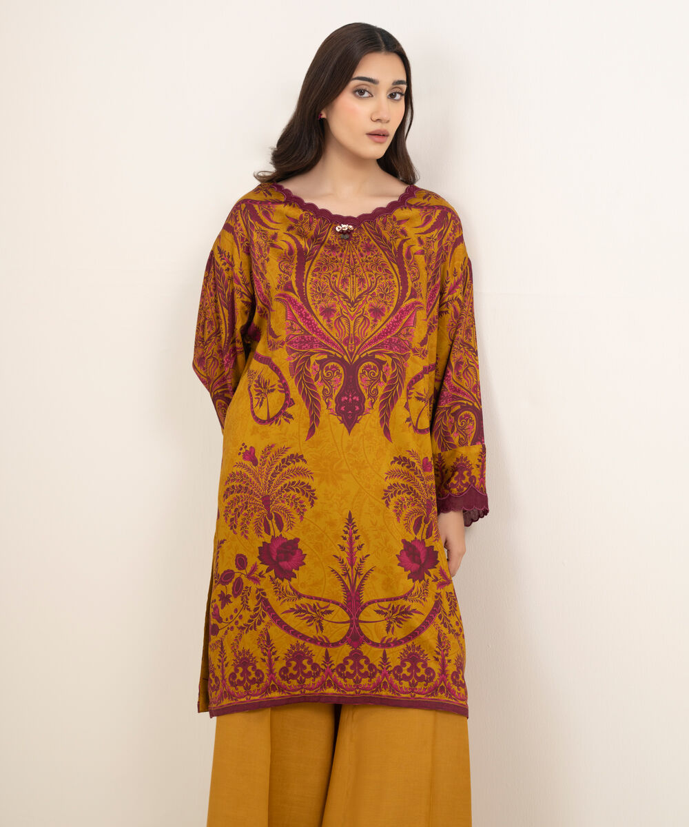 Women's RTW Premium Visocose Satin Embroidered Mustard Brown 2 Piece Suit