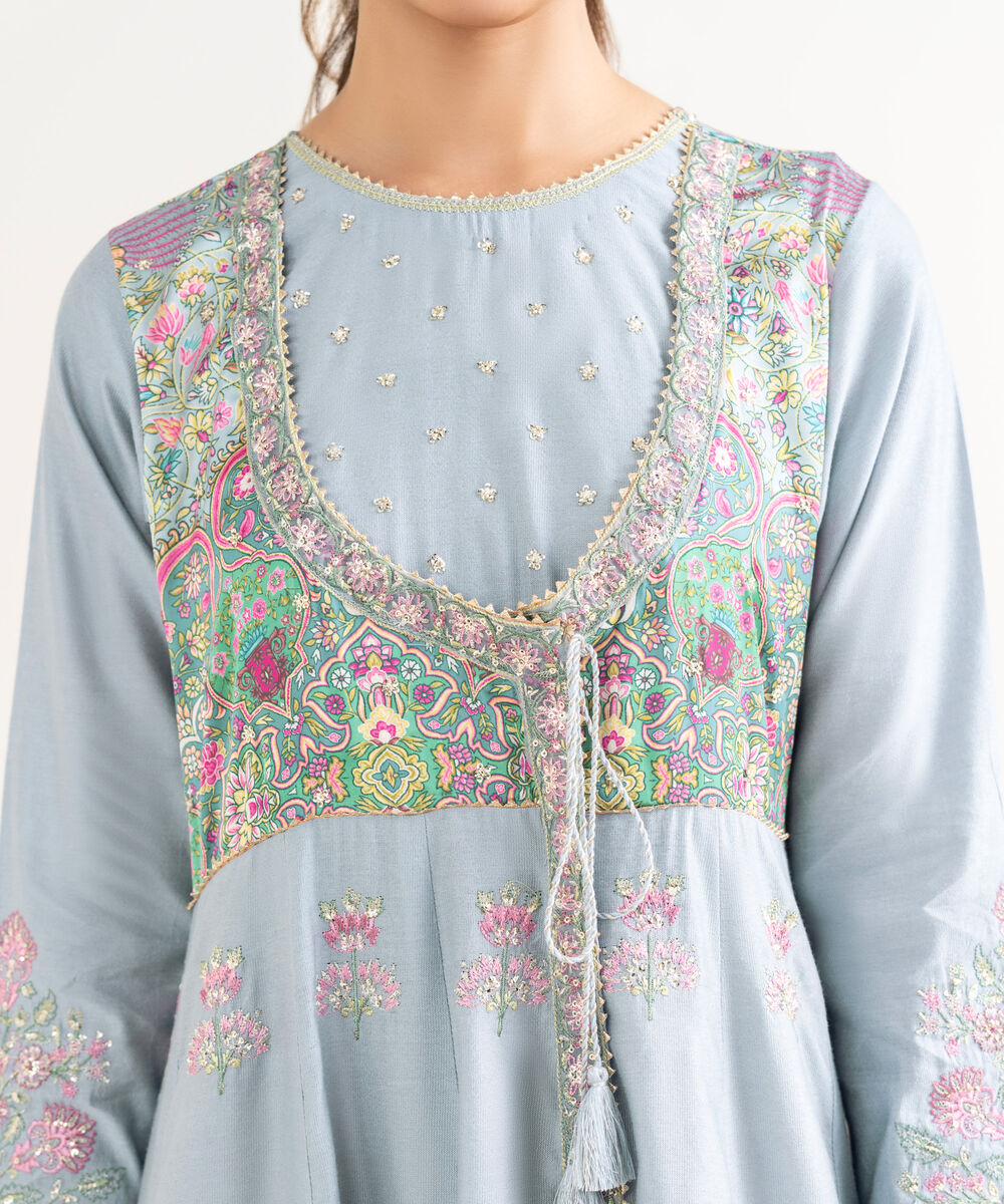 Women's RTW Silk Cotton Net Bue Embroidered 2 Piece Suit