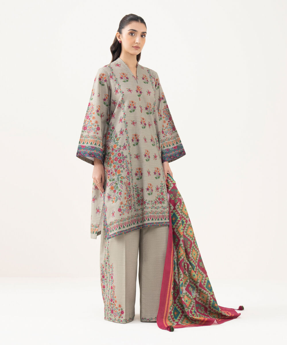 Women's Unstitched Khaddar Printed Beige   3 Piece Suit