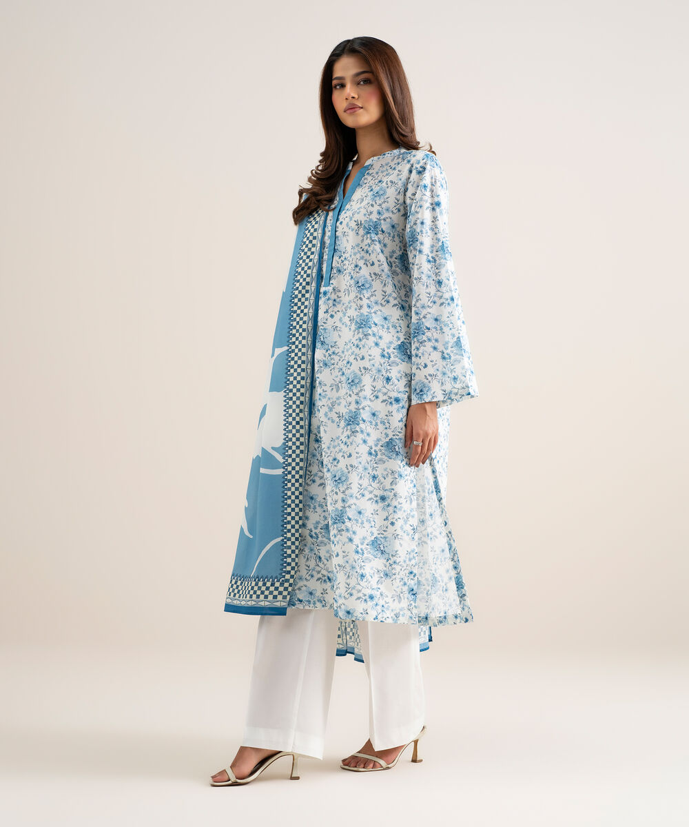 Women's Unstitched Lawn Printed White and Blue 3 Piece Suit