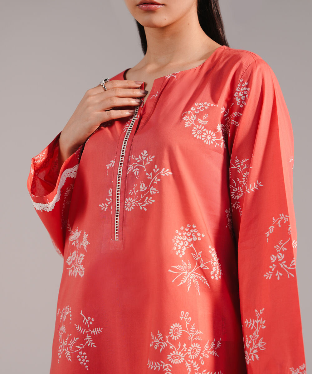 Women's RTW Lawn Printed Coral Straight Shirt