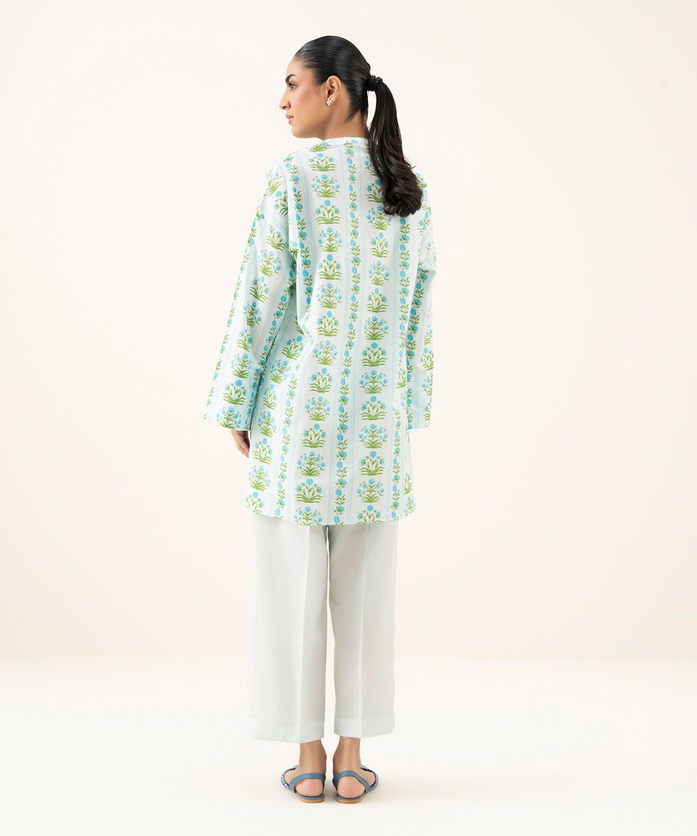 Women's RTW Cambric Printed Ice Blue Drop Shoulder Shirt