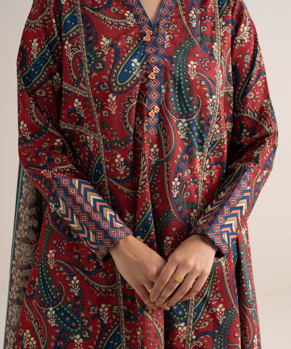 Women's Unstitched Lawn Printed Red