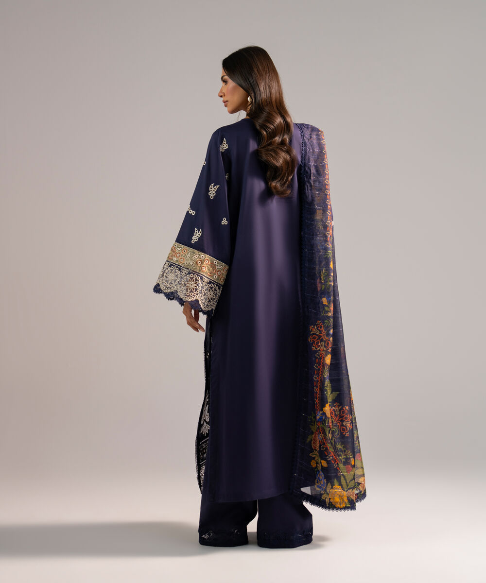 Women's RTW Lawn Embroidered Blue 3 Piece Suit