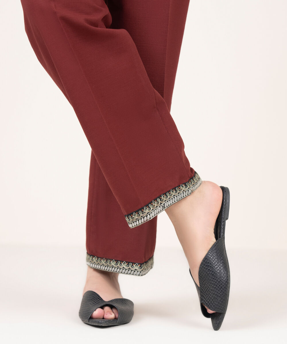 Women's RTW Khaddar Embroidered Brown Straight Pants