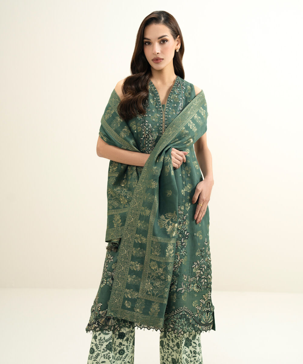 Women's Unstitched Extra Weft Jacquard Embroidered Green 3 Piece Suit