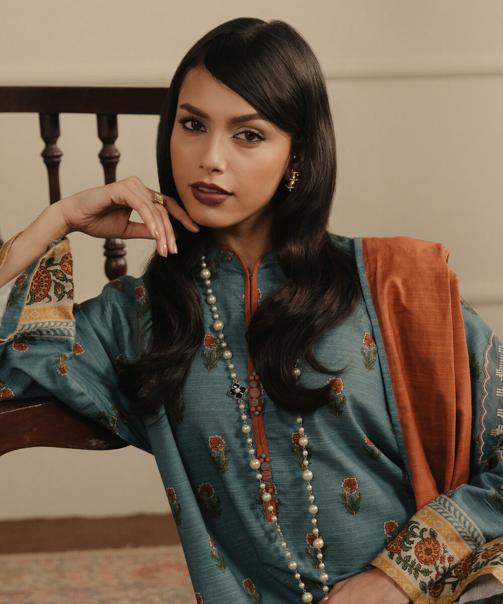 Women's Unstitched Printed Khaddar Blue 3 Piece Suit