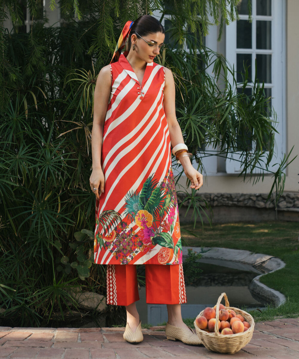 Women's Unstitched Lawn Printed Orange 2 Piece Suit