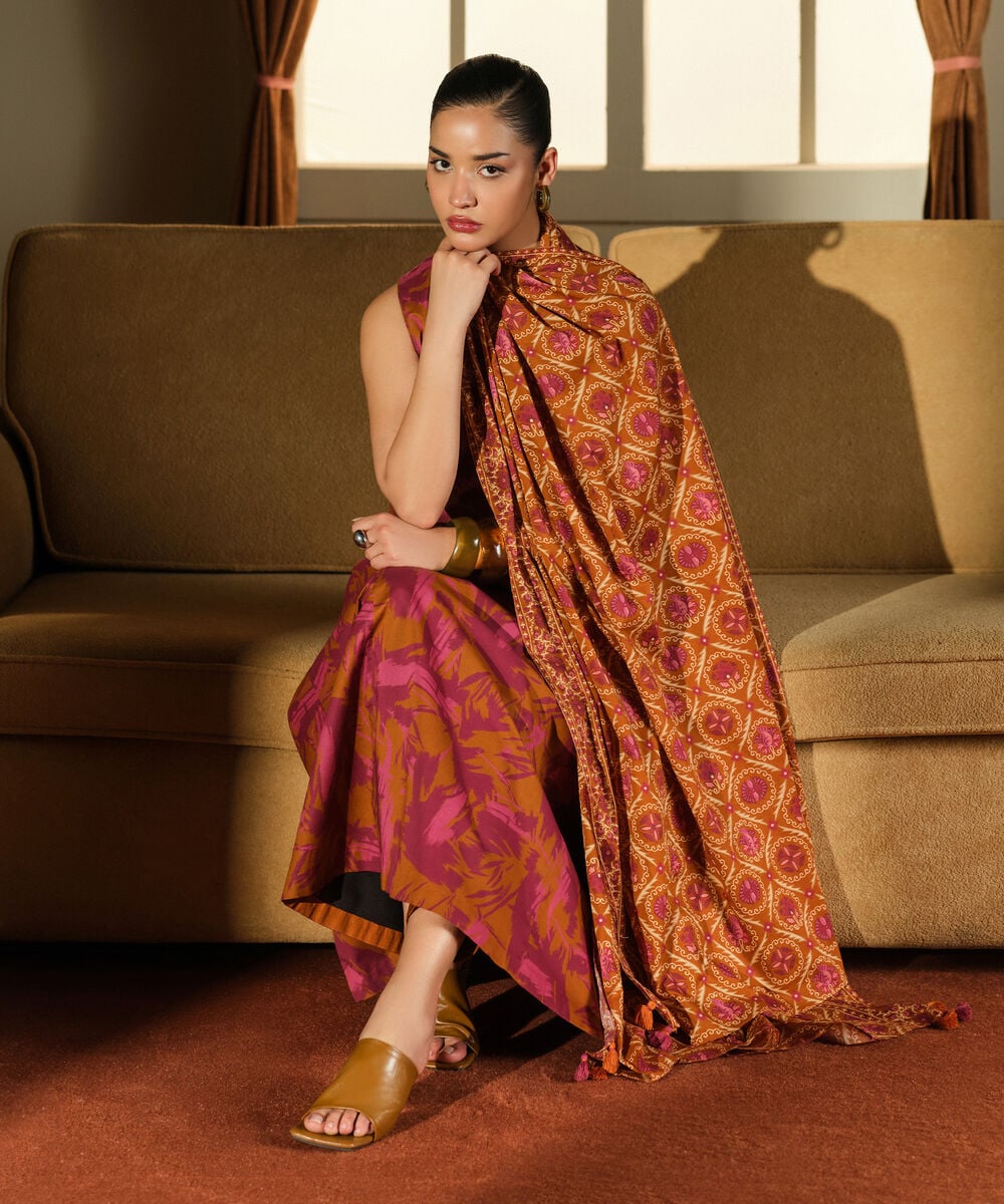 Women's Unstitched Lawn Printed Orange 3 Piece Suit