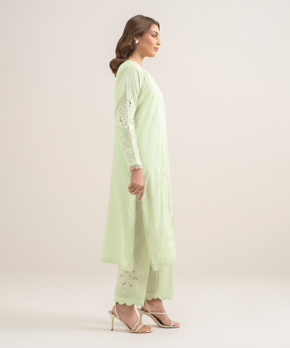 Women's RTW Self Jacquard Embroidered Green A-Line Shirt
