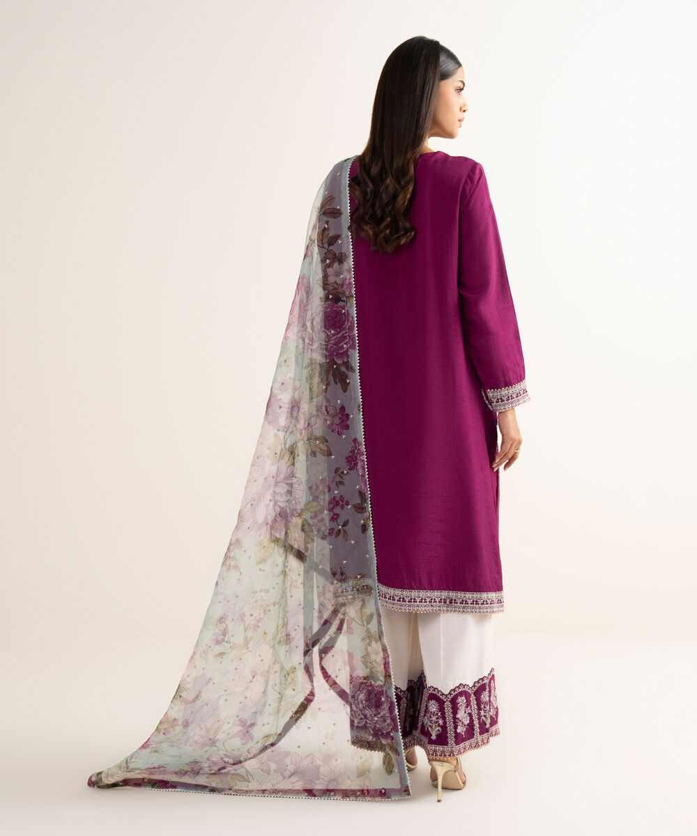 Women's RTW Raw Silk Purple Embroidered 3 Piece Suit