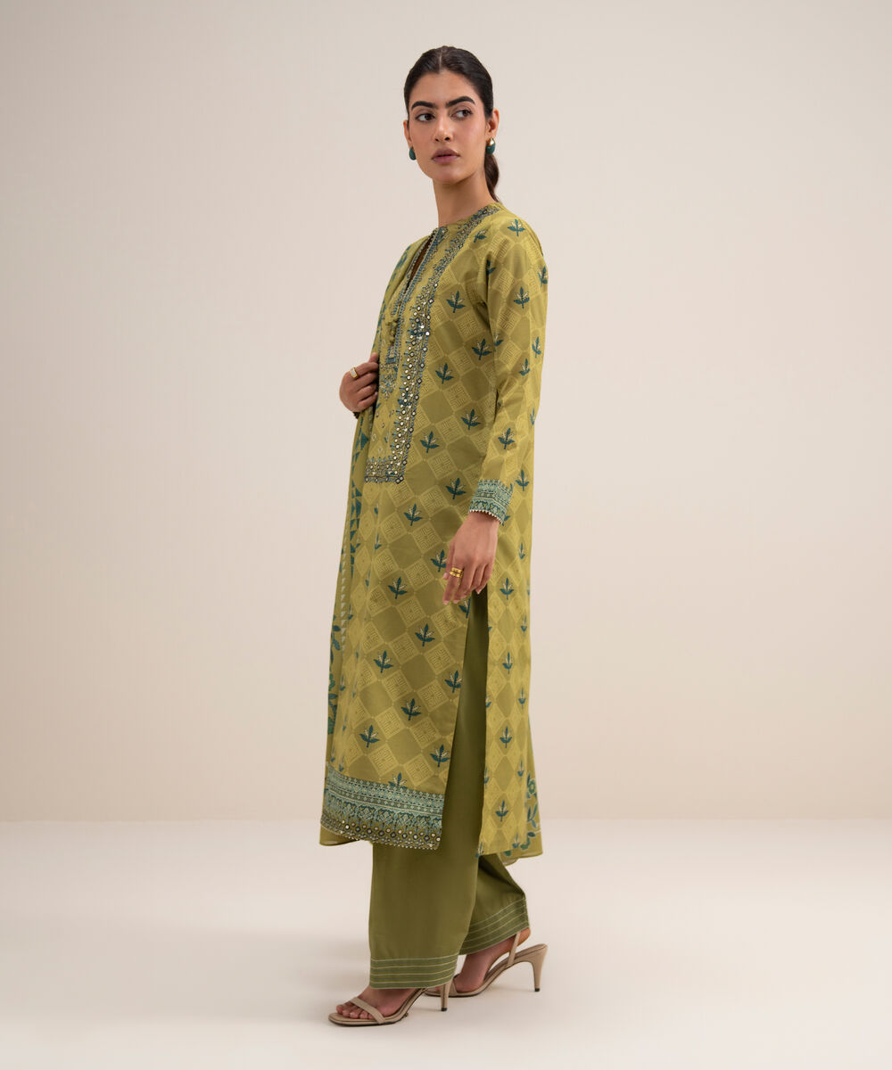 Women's Unstitched Lawn Embroidered Beige 3 Piece Suit