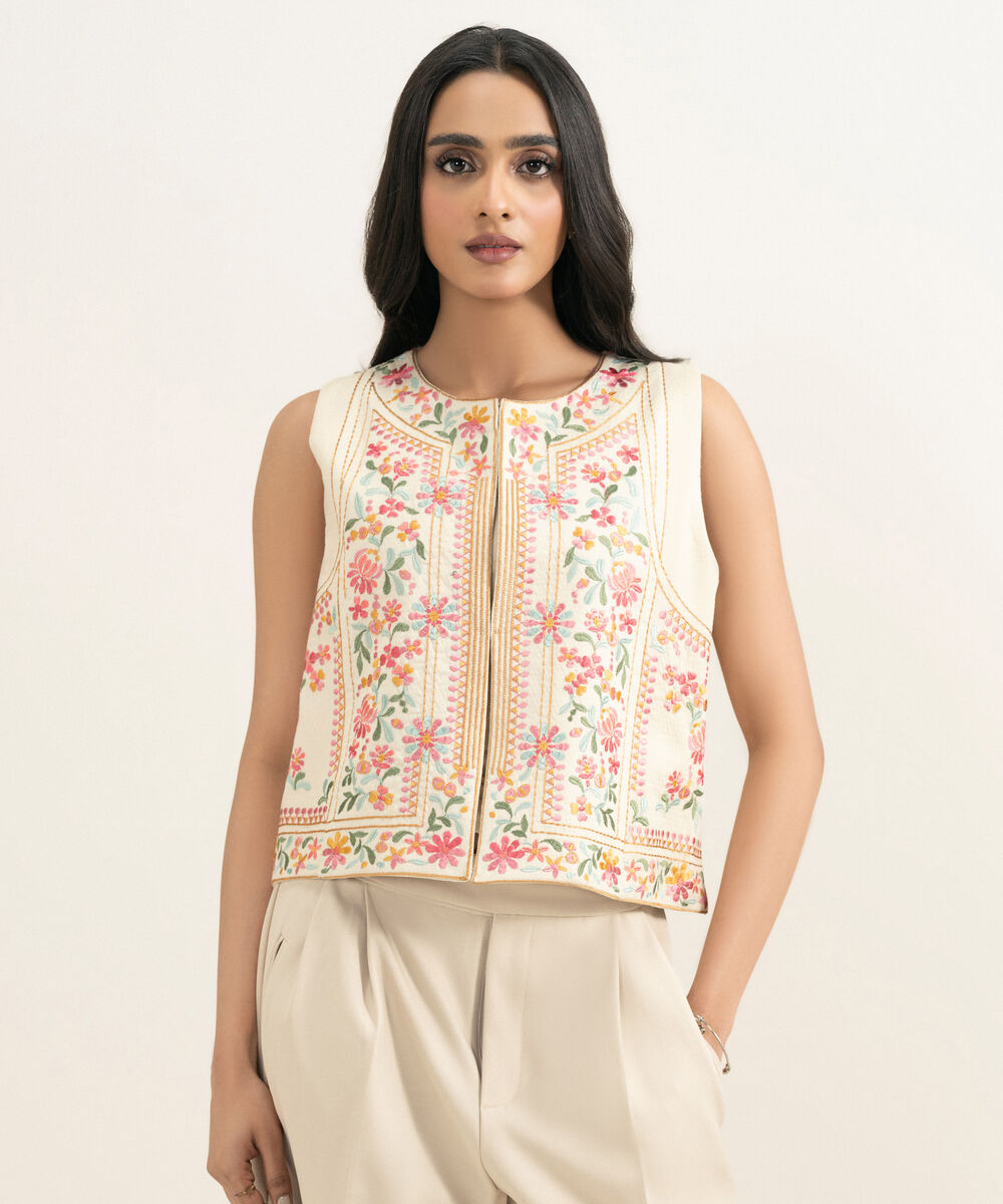 Women's RTW Dobby Embroidered Off White Waistcoat