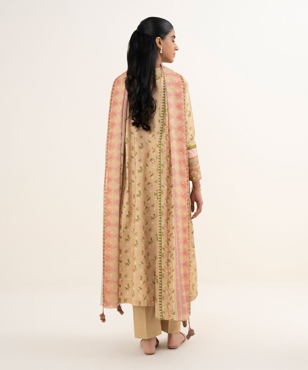 Women's Unstitched Textured Lawn Embroidered Beige 3 Piece Suit