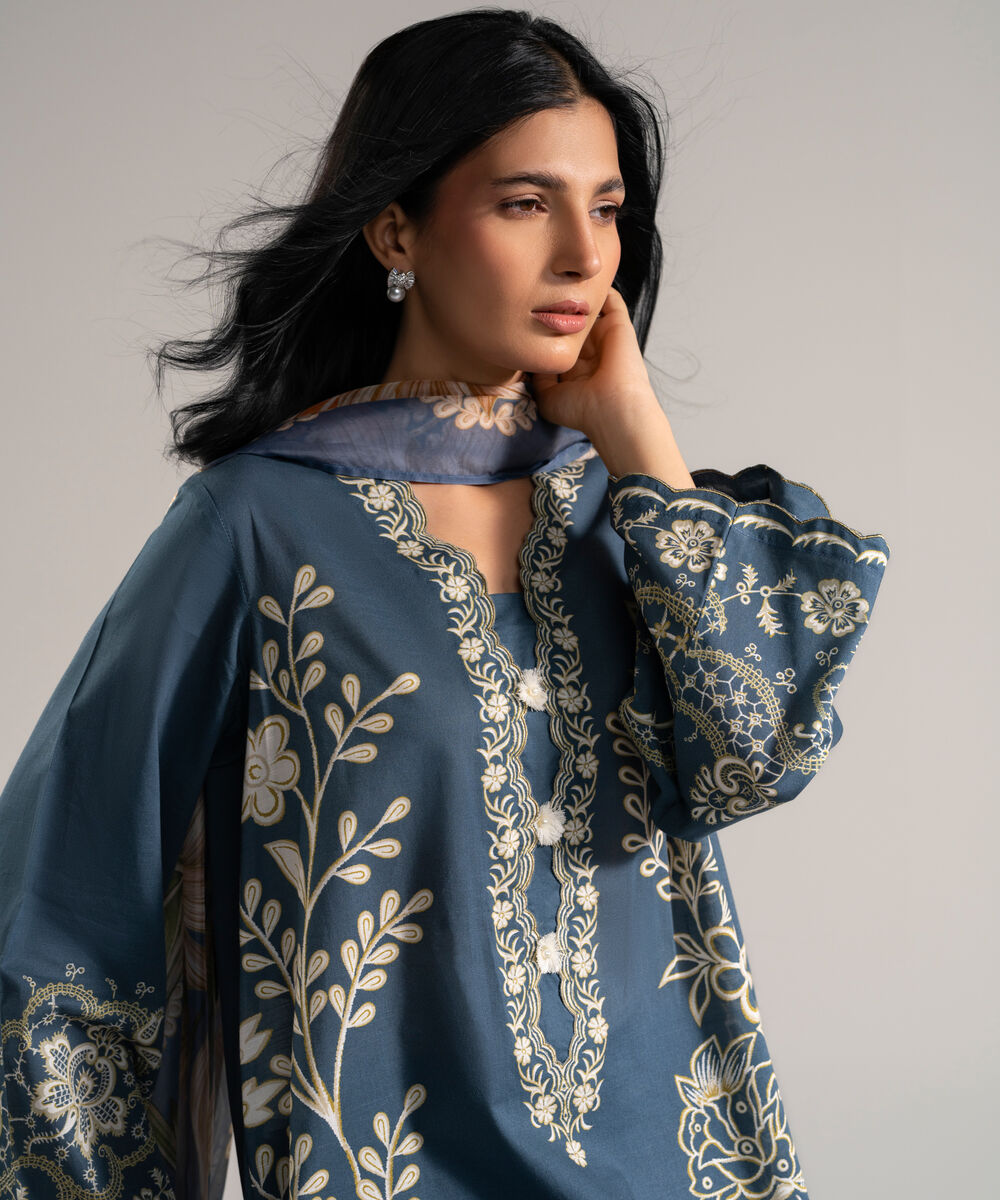 Women's RTW Slub Lawn Printed Blue 3 Piece Suit