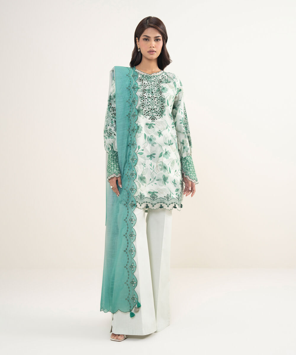 Women's Unstitched Cotton Jacquard Embroidered Green and Off White 3 Piece Suit