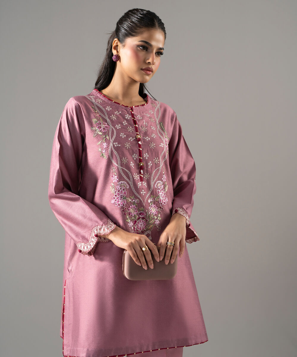 Women's RTW Cotton Net Solid Embroidered Pink 2 Piece Suit