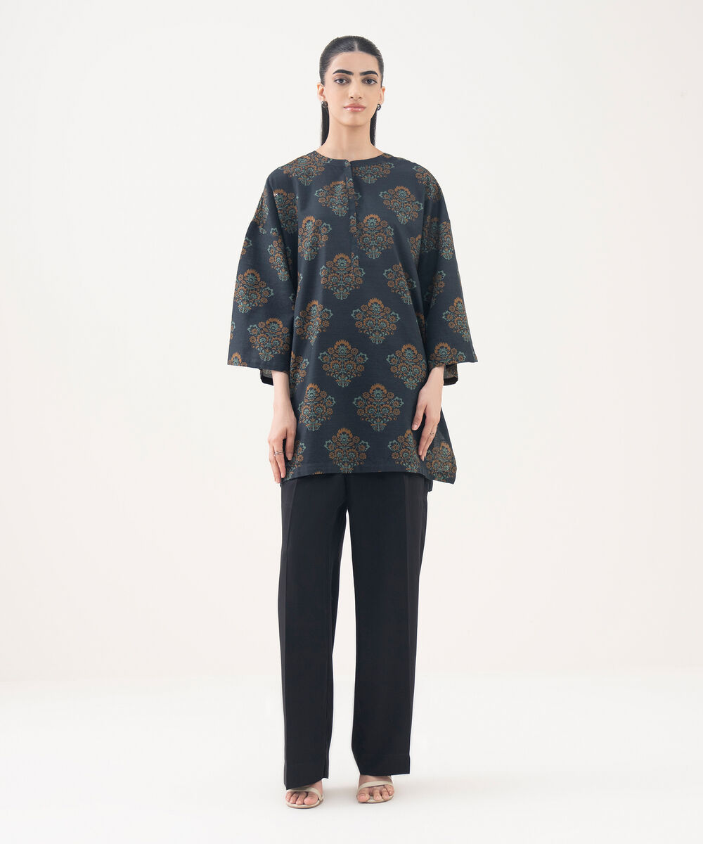 Women's RTW Light Khaddar Blue Printed Drop Shoulder Shirt