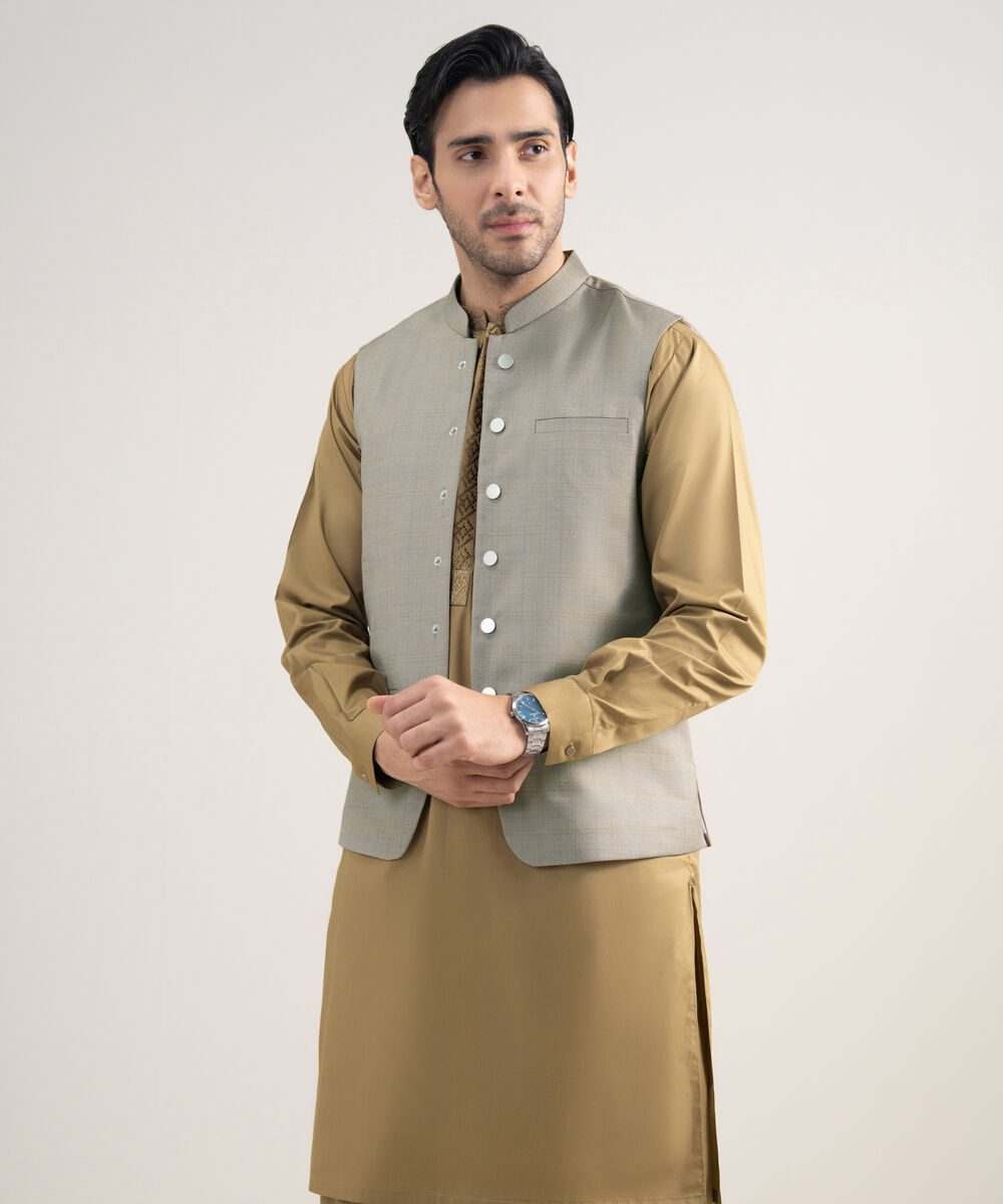 Men's Stitched Premium Suiting Khaki Waistcoat