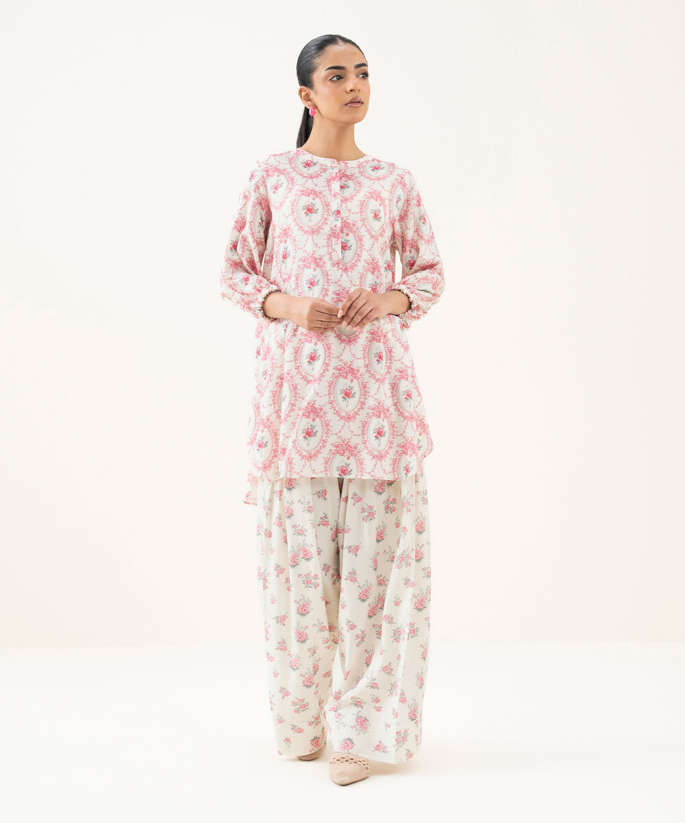 Women's RTW Linen Viscose Printed White Straight Shirt