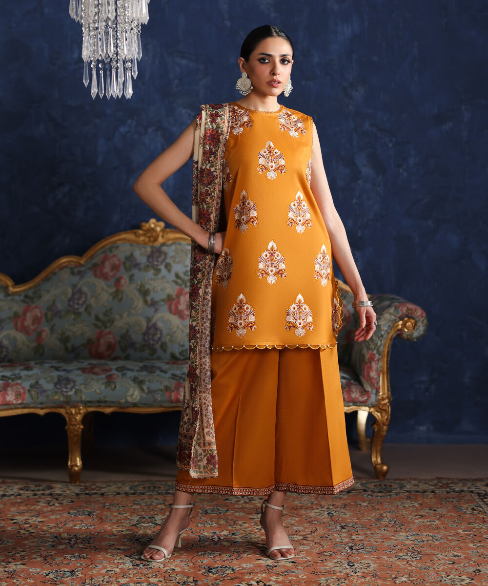 Women's RTW Dobby Embroidered Beige 3 Piece Suit