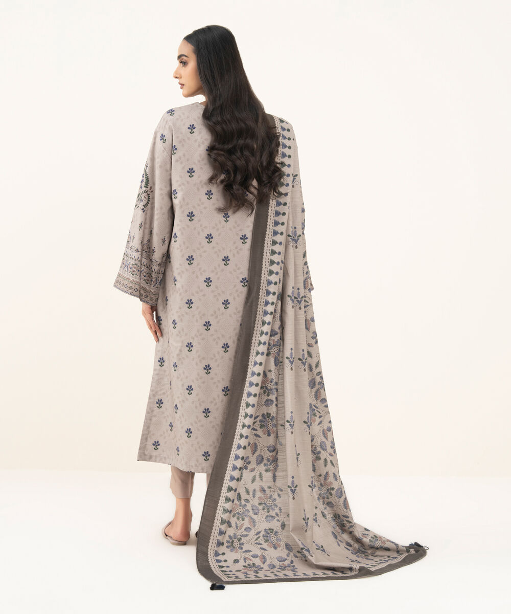 Women's Unstitched Printed Linen Beige 3 Piece Suit