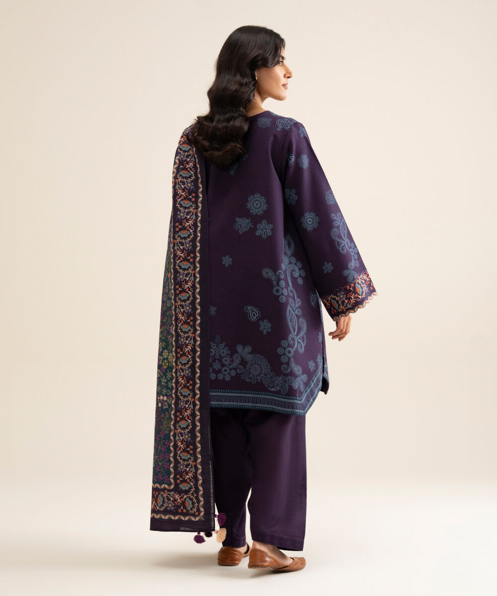 Women's Unstitched Premium Khaddar Printed Plum 3 Piece Suit