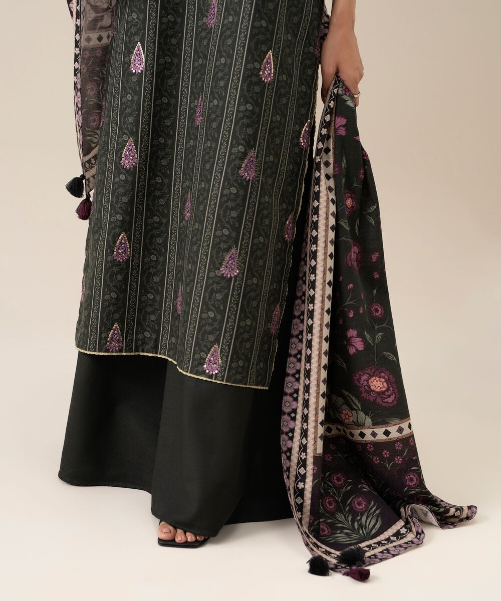 Women's Unstitched Light Khaddar Embroidered Black 3 Piece Suit