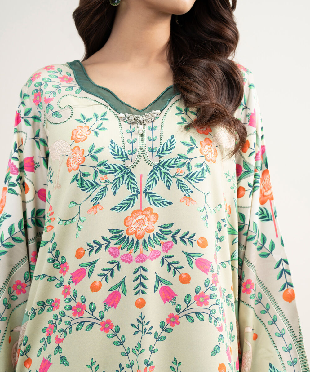 Women's RTW Premium Visocose Satin Embroidered Green Straight Shirt