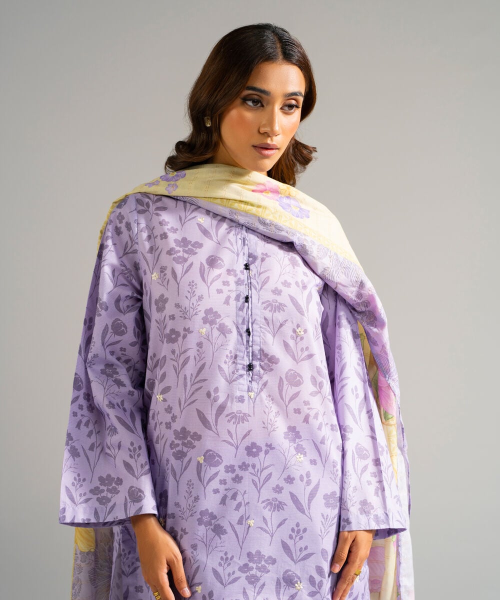 Women's RTW Zari Lawn Embroidered Purple 3 Piece Suit