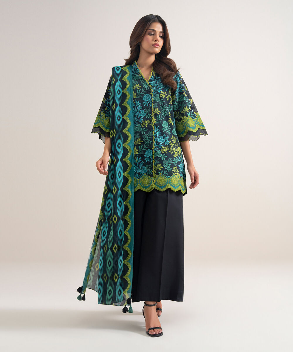 Women's Unstitched Lawn Embroidered Black 2 Piece Suit