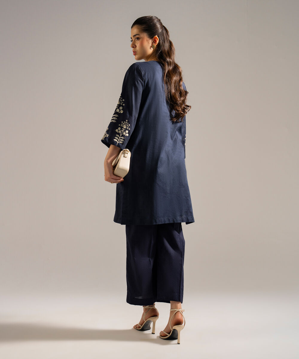 Women's RTW Self Jacquard Embroidered Blue 2 Piece Suit