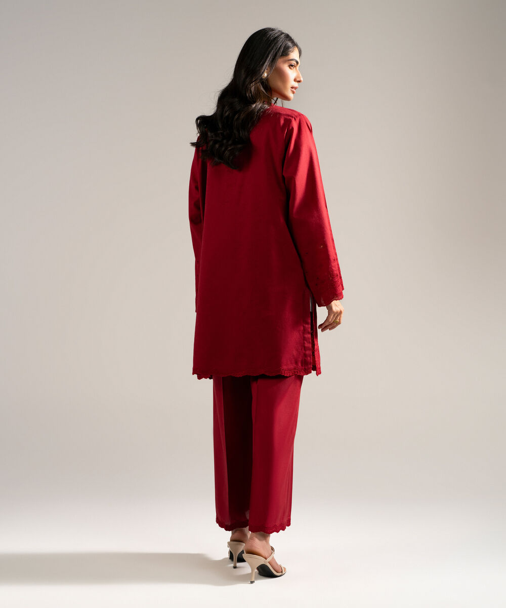 Women's RTW Self Jacquard Embroidered Red 2 Piece Suit