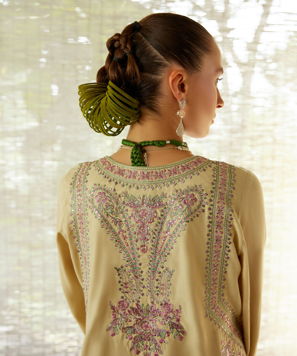 Women's RTW Viscose Raw Silk Embroidered Beige 3 Piece Suit