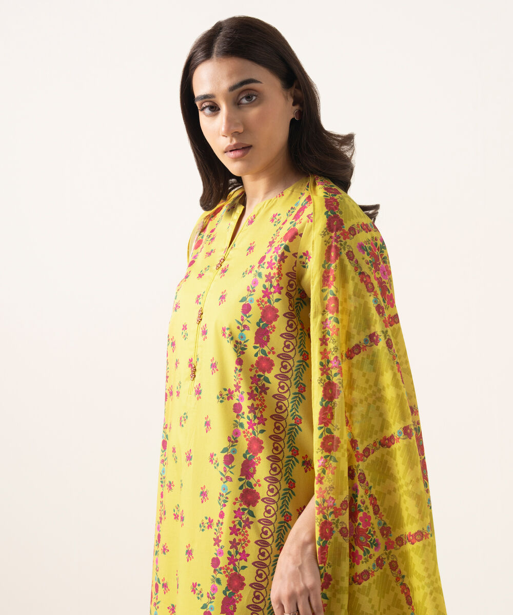 Women's Unstitched Lawn Printed Yellow 3 Piece Suit