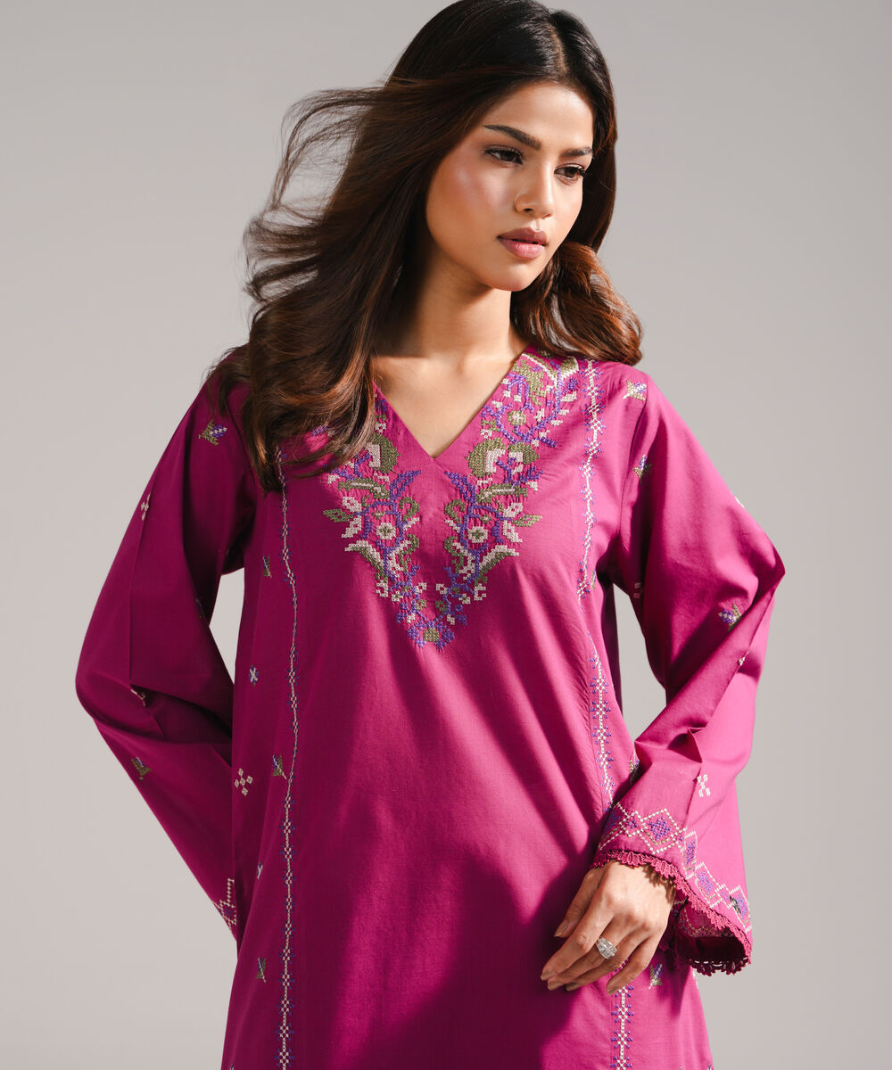 Women's RTW Slub Lawn Embroidered Plum Straight Shirt