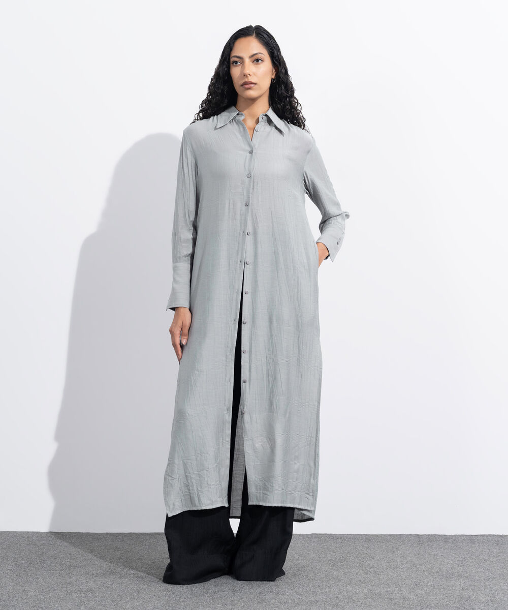 Women's Western Wear Grey Textured Button Down Dress