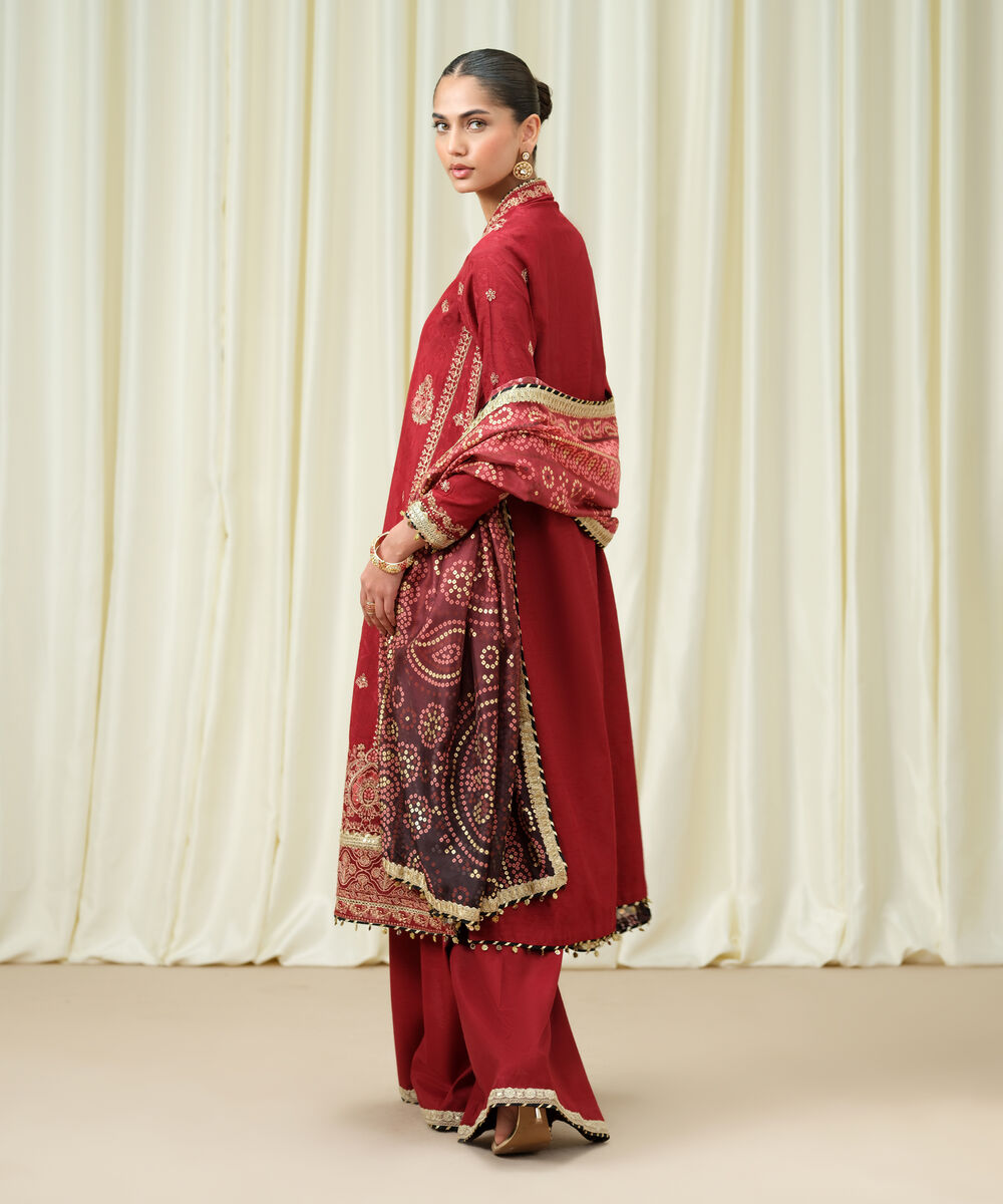 Women's Unstitched Embroidered Viscose Jacquard Red 3 Piece Suit