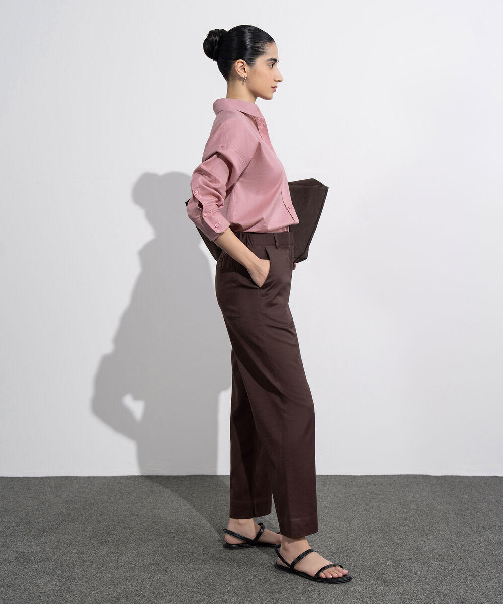 Women's Western Wear Maroon Straight Fit Linen Blend Trousers