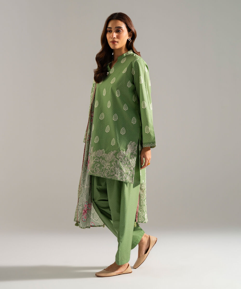 Women's RTW Cambric Embroidered Green 3 Piece Suit