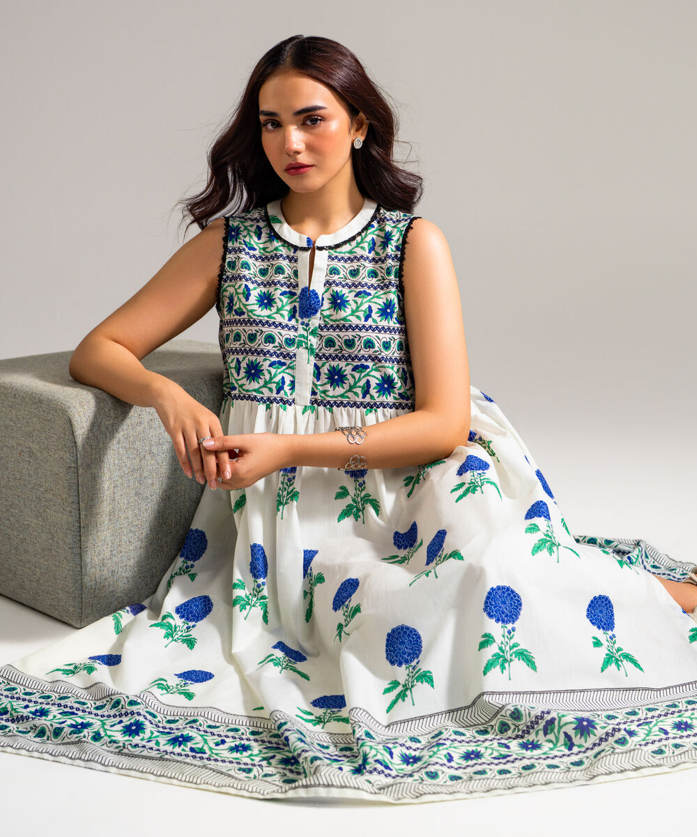 Women's RTW Slub Lawn Printed White Peshwas