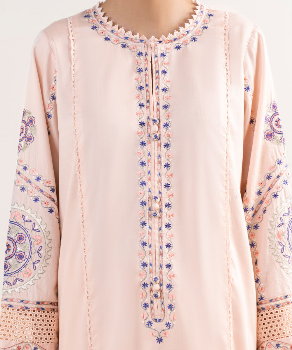 Women's RTW Cotton Satin Pink Embroidered A-Line Shirt