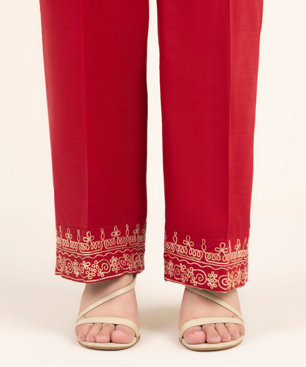Women's RTW Khaddar Embroidered Red Straight Pants