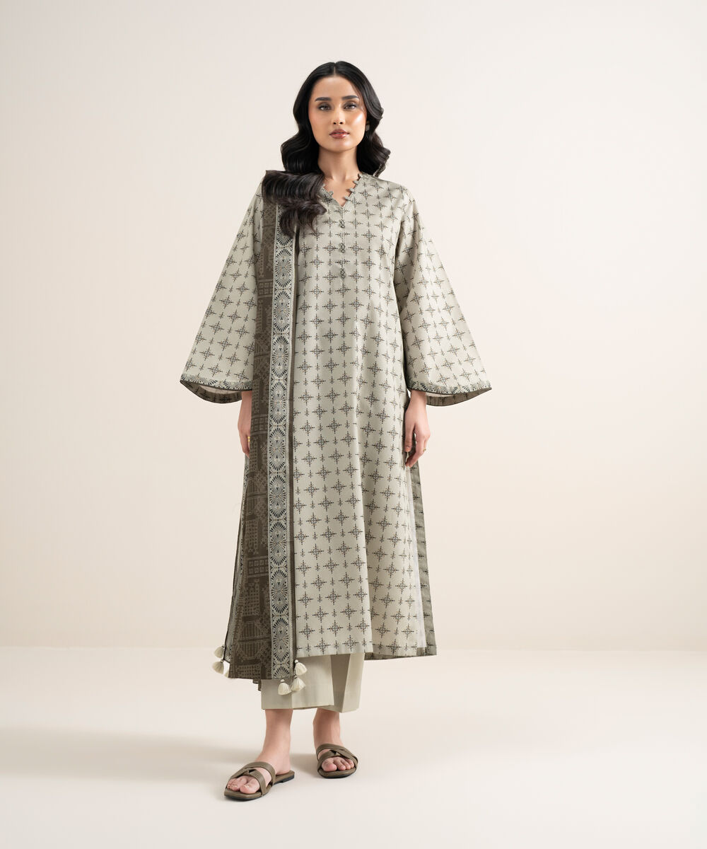 Women's Unstitched Lawn Printed Beige 3 Piece Suit