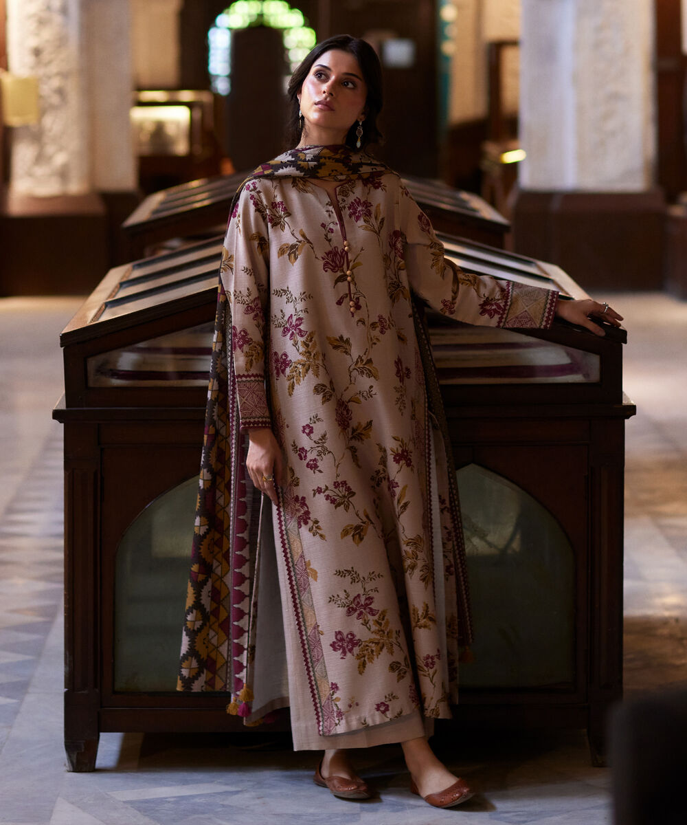 Women's Unstitched Premium Khaddar Printed Beige 3 Piece Suit