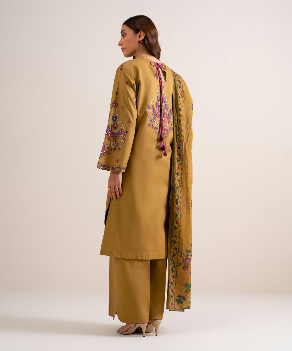 Women's Unstitched Embroidered Cotton Viscose Mustard 3 Piece Suit