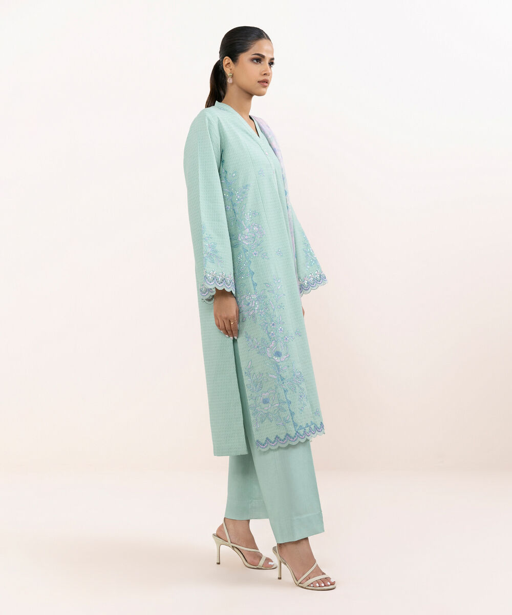 Women's Unstitched Linen Jacquard Dyed Three Piece Suit