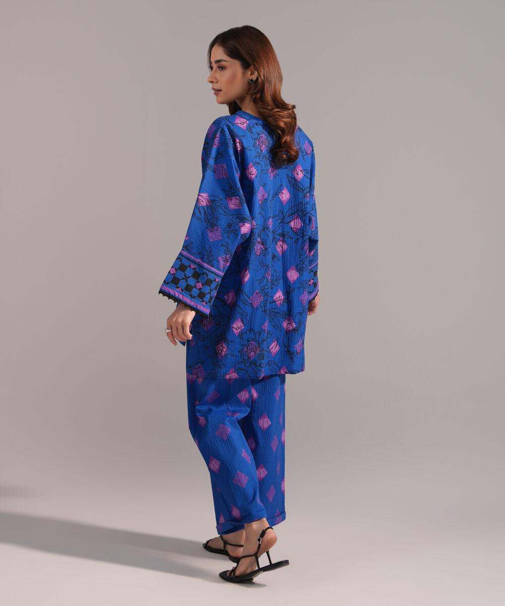 Women's RTW Seersucker Printed Dark Blue Drop Shoulder Shirt