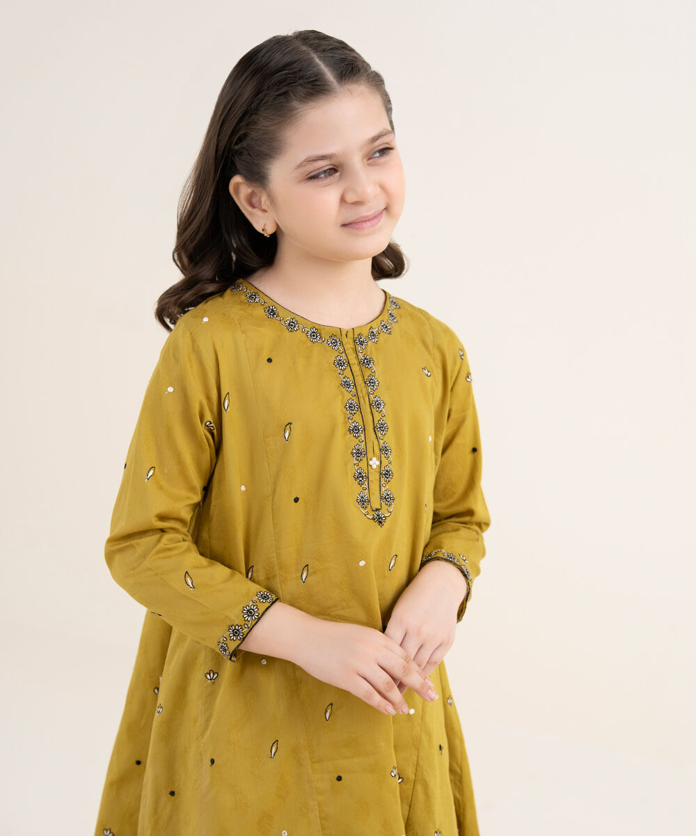 Girl's Cotton Jacquard Embroidered Yellow 2 Piece Set