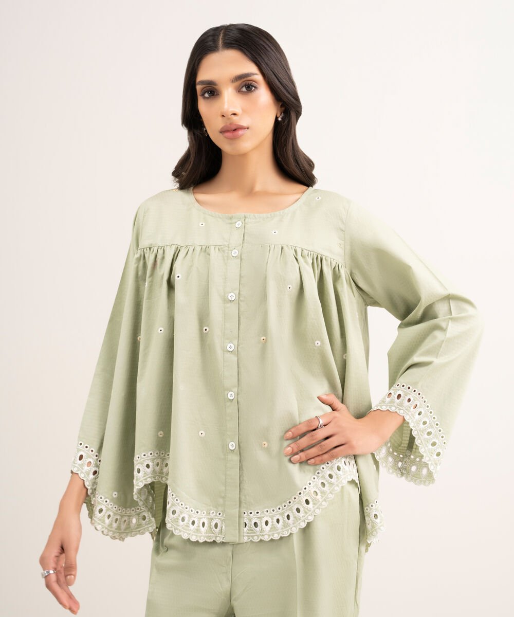 Women's RTW Dobby Embroidered Green Straight Shirt